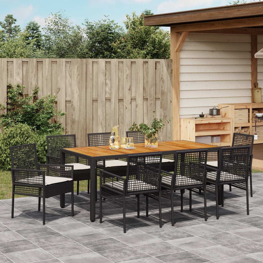 Set da Pranzo da Giardino 9 Pezzi con Cuscini Neri in Poly Rattan