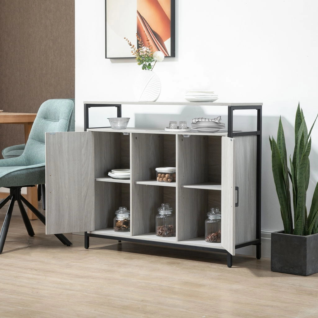 CREDENZA MODERNA IN LEGNO CON 2 ARMADIETTI E RIPIANI 100X34X87.2CM GRIGIO CHIARO