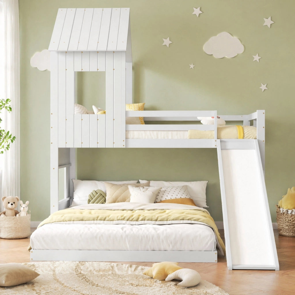Letto a castello con scivolo e casetta, bianco, 90x200 cm e 140x200 cm