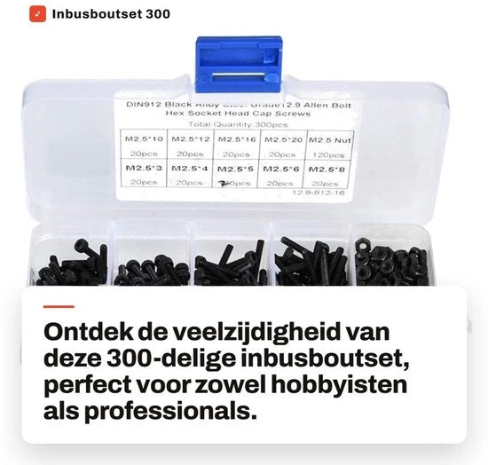 Set di viti Inbus 300 pezzi - M2.5 x 3-20mm - Acciaio nero zincato - Viti a testa interna - Resistenti all'ossidazione e corrosione - Scatola in plastica per la conservazione - Viti
