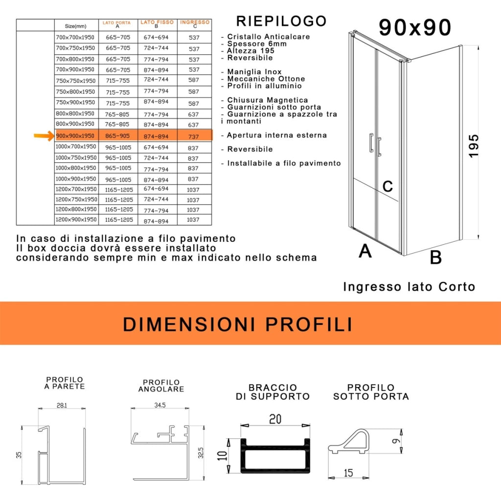 Box doccia due lati con porta saloon h195 6mm anticalcare dobla, misura 90x90
