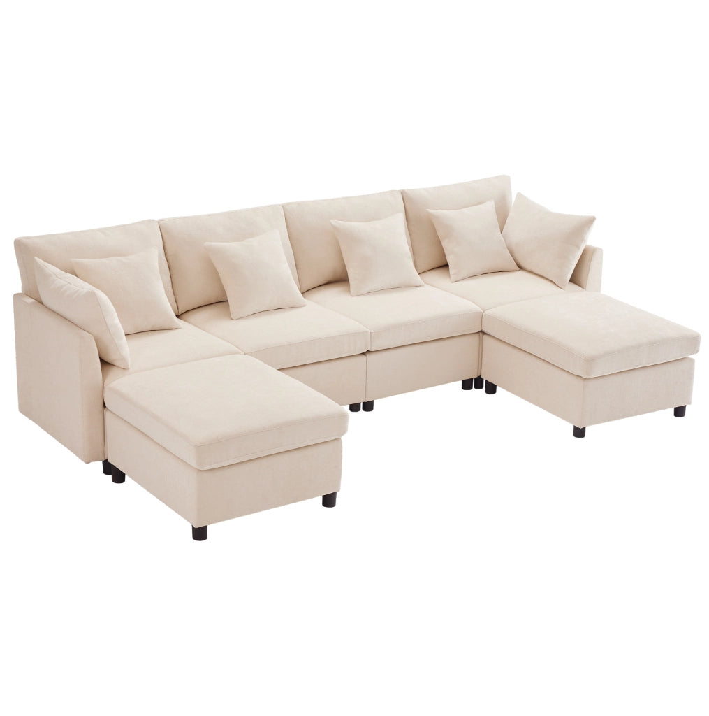 Sofa modulare 278x161x81 cm; componibile in U e L; con 2 pouf; in chenille beige
