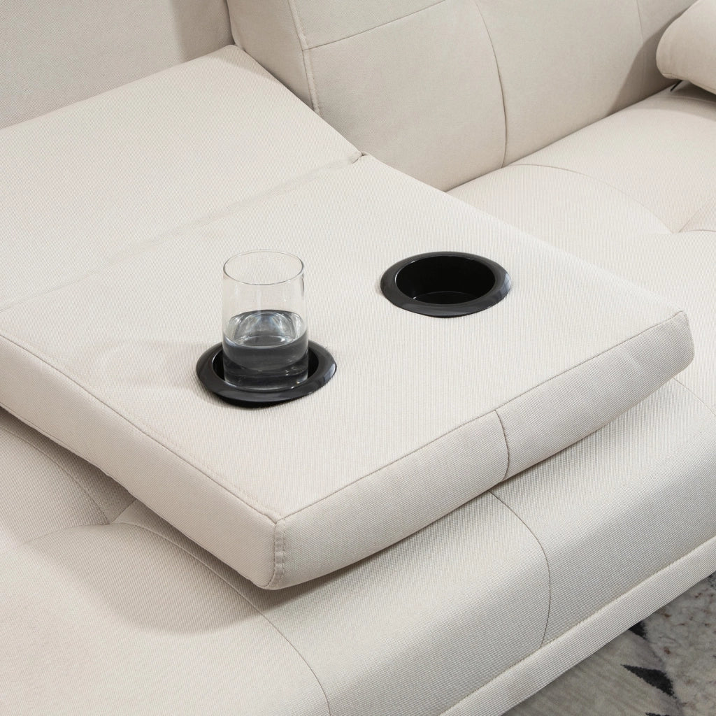 EasyComfort Divano Letto 3 Posti Reclinabile con Rivestimento Effetto Lino e Tavolino a Ribalta, Beige