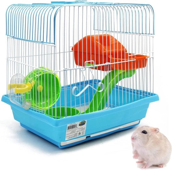 Gabbia per hamster con ciotola per cibo, ciotola per acqua, ruota e casa speciale - Colore casuale - 30 x 23 x 31 cm