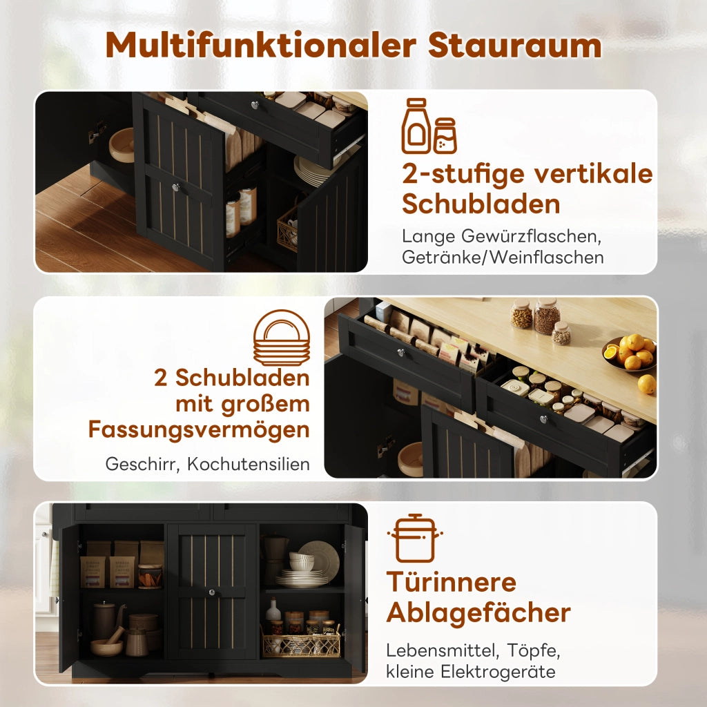 Carrello da cucina con piano ribaltabile 2 cassetti verticali vani laterali e ruote bloccabili per cucina in MDF nero