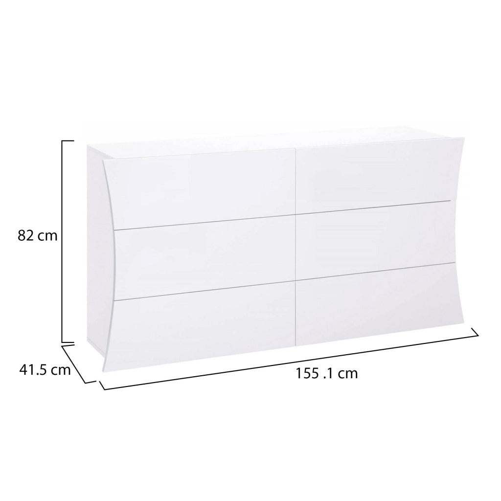 ComÒ² geometrico Albelaziz, Made in Italy, Mobiletto per Soggiorno e Camera, Credenza 6 cassetti, cm 155x40h82, colore Bianco lucido