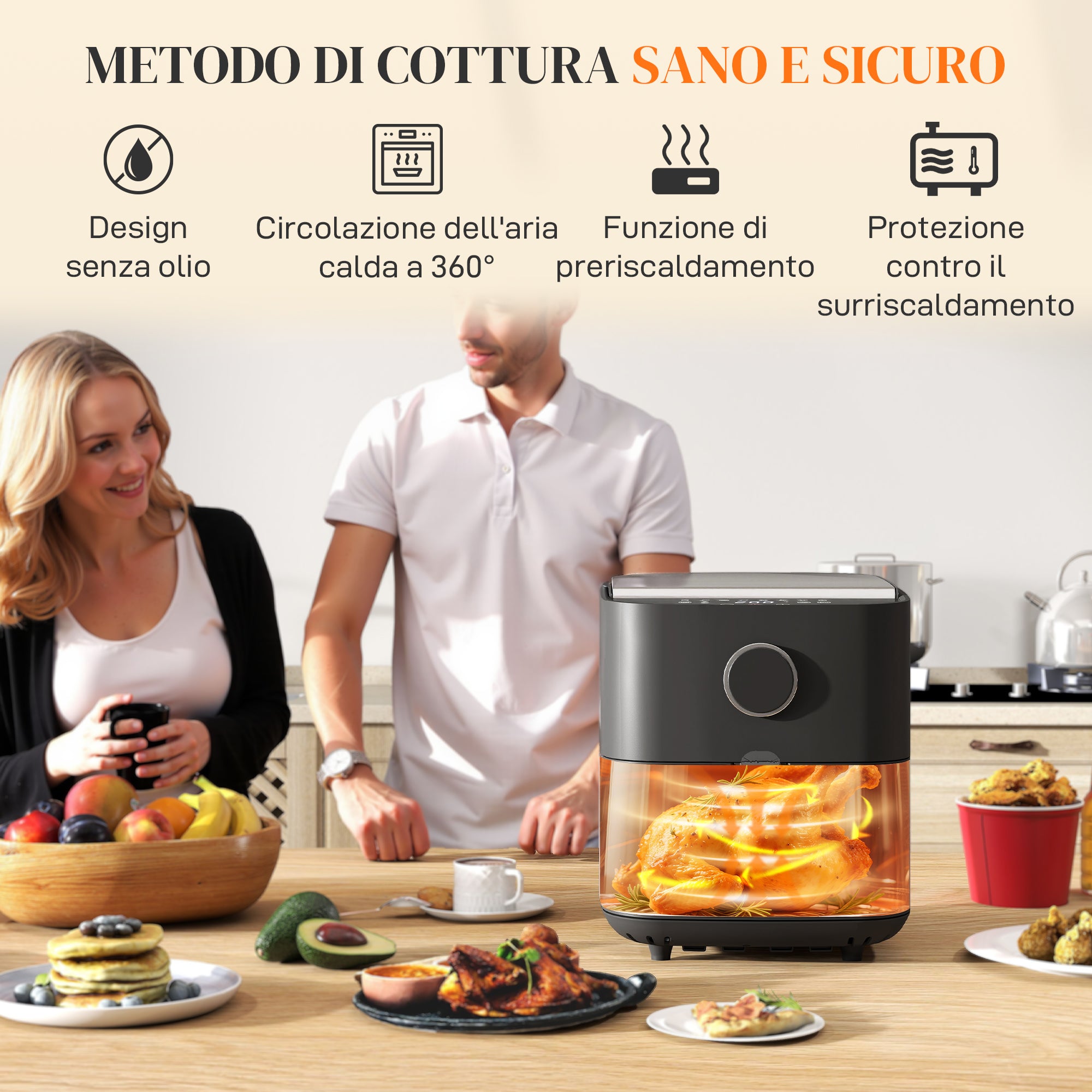 Friggitrice ad Aria Air Fryer 1700W da 6,8L con 8 Programmi di Cottura Nero