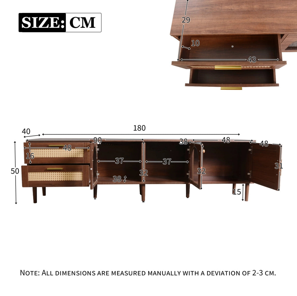 Mobile TV 180x40x50 cm con 2 cassetti in rattan e illuminazione LED in pannello truciolare marrone