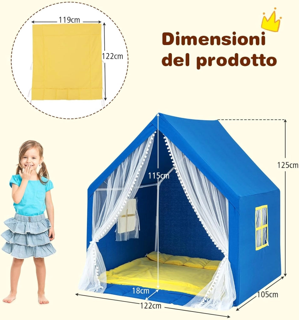 Tenda da Gioco per Bambini, Casetta per Bambini con Tappeto in Cotone Lavabile Luci Stellari e Finestre, Tenda del Castello, 122x105x125 cm (Blu)