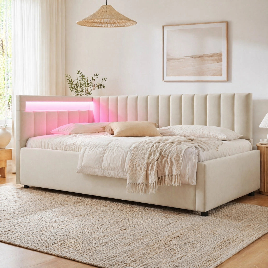 Letto imbottito 90x200 cm con LED; contenitore idraulico; velluto beige
