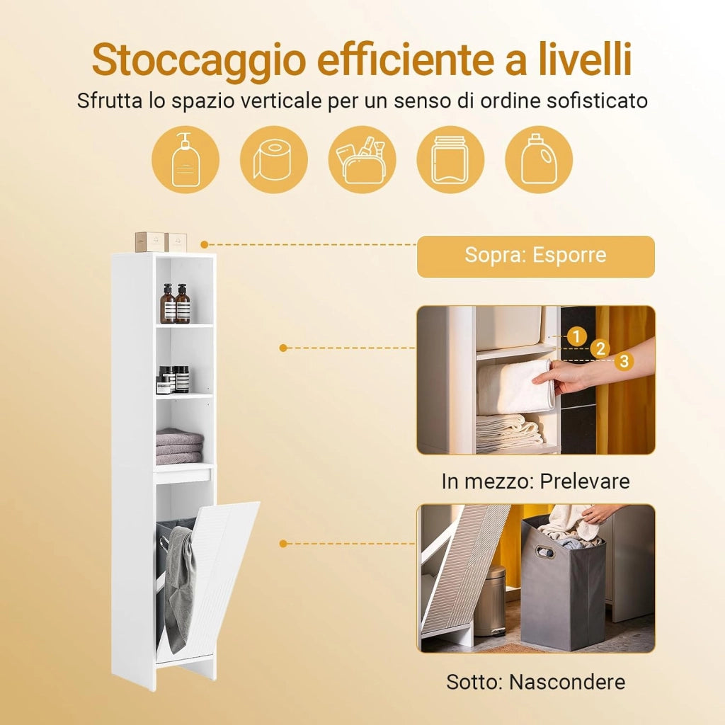Mobile Bagno Salvaspazio con Cesto Portabiancheria – Armadietto Bagno Alto e Stretto in MDF Bianco con Ripiani Regolabili e Antiribaltamento Mobile Lavanderia 30x170x30 cm BZR158-W