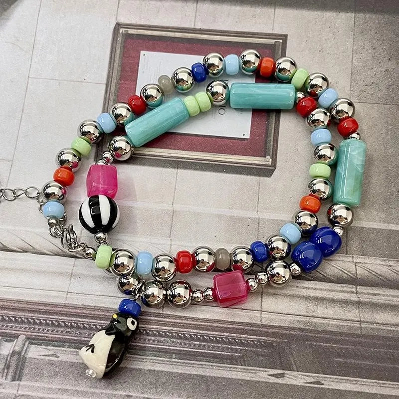 Collana estiva con grazioso pinguino, colorata e perline, realizzata a mano, regalo di compleanno per donna