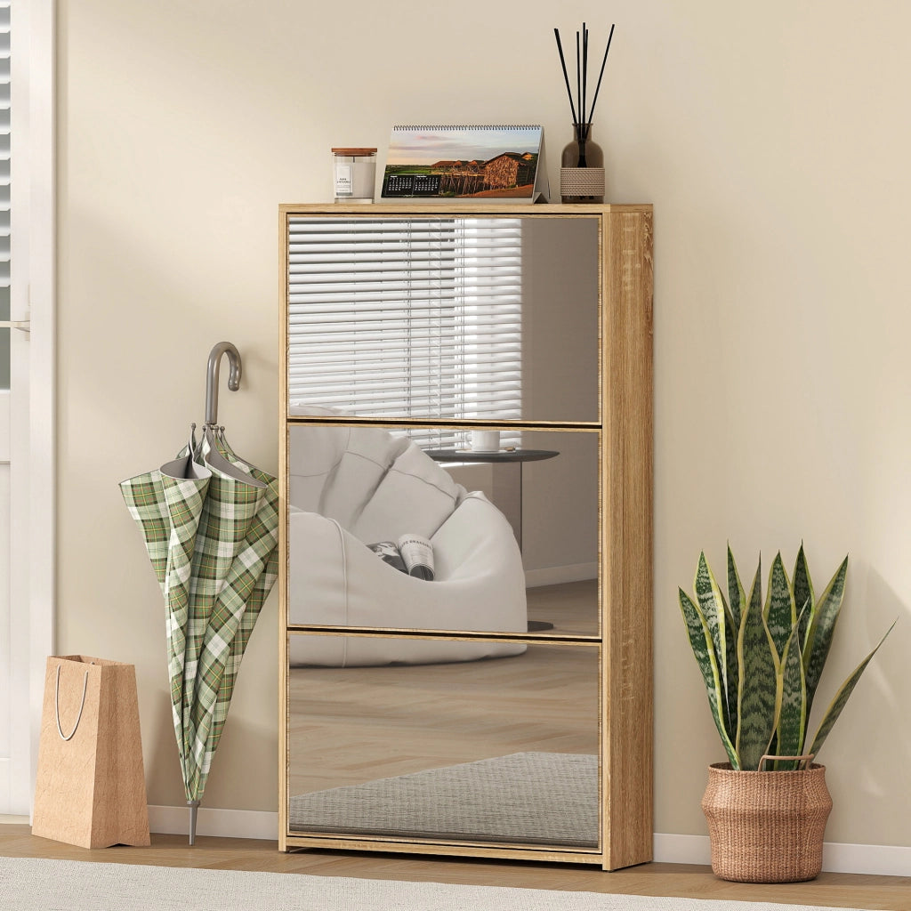 Scarpiera con specchio e 3 ante per ingresso ¨C zephmum ¨C legno naturale 65x17x114.5 cm