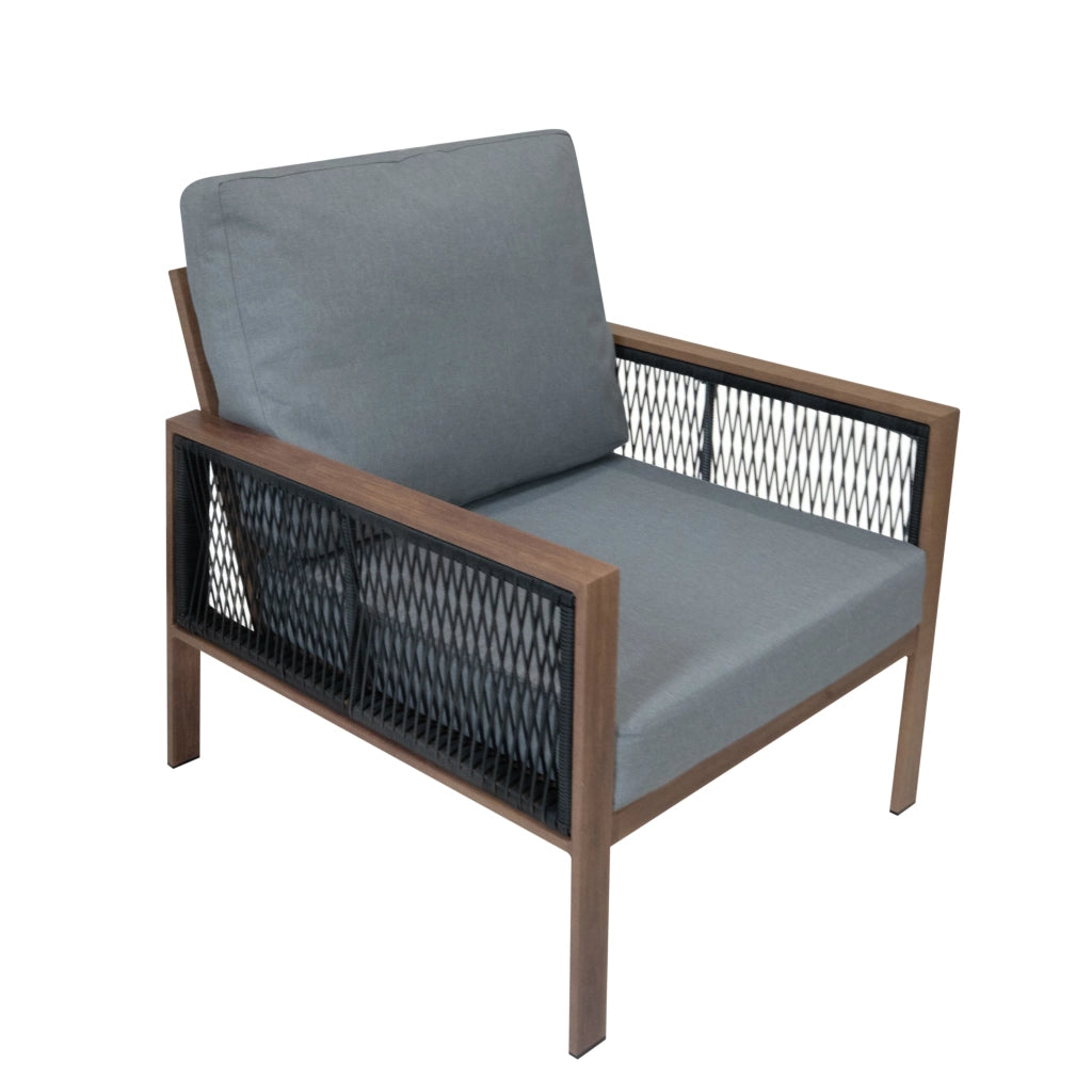 Set Mobili da Giardino 4pz Alluminio Effetto Legno con Cassapanca Rattan Nera 582L