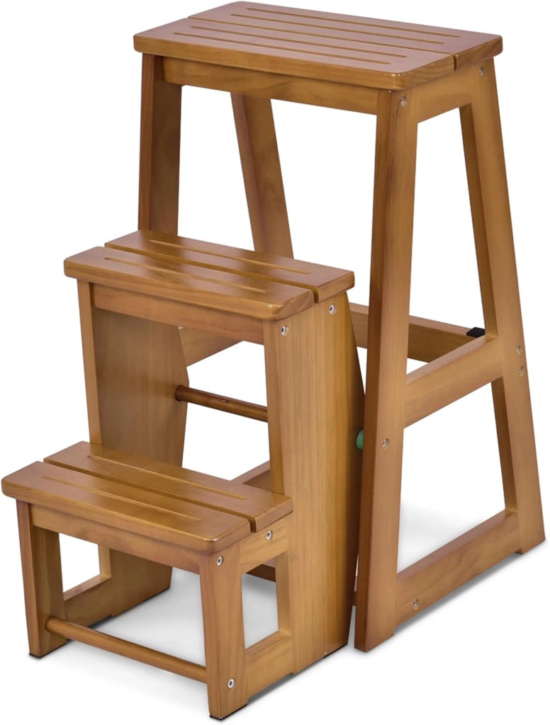 Sgabello Scaletta 3 Gradini in Legno di Pino, Sgabello Scala Pieghevole Salvaspazio, Scaletta 3 Gradini a Ribalta, Capacità Portante 150 kg, 57 x 38,5 x 66cm (Noce Scuro)