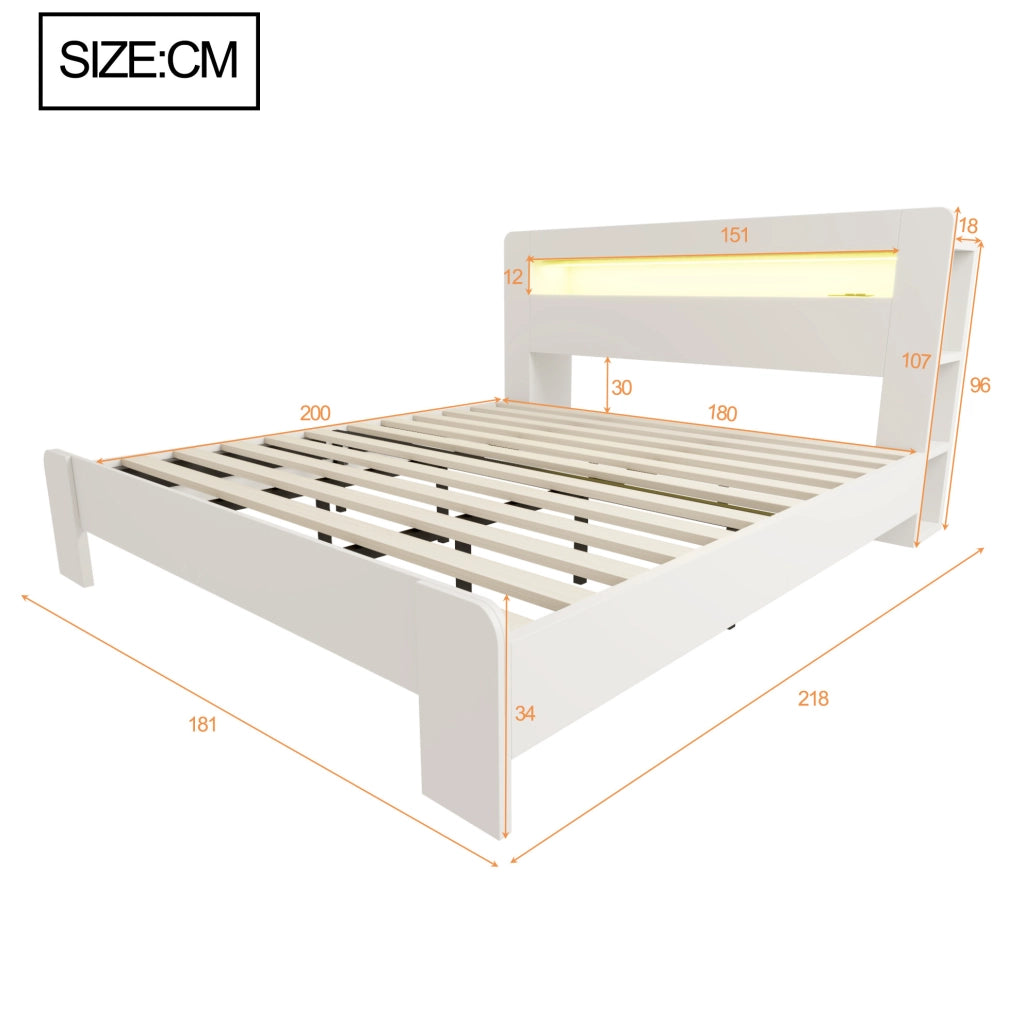 Letto 180x200 cm con contenitore in testiera; LED e prese in legno bianco