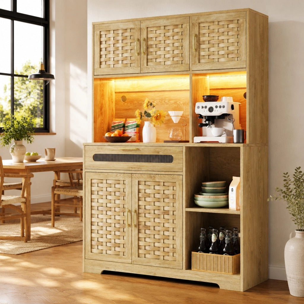 ARMADIO ALTO 120x40x180 cm Natural in MDF, vetro e metallo con LED
