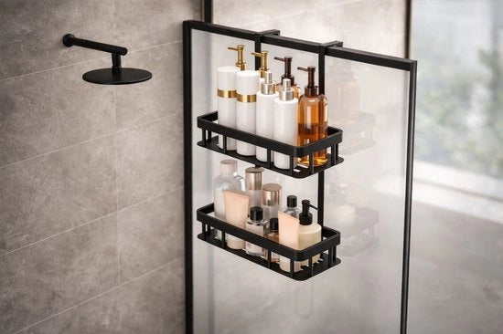Accessorio per doccia a doppio strato nero appeso – Organizzatore per doccia per porta o parete doccia – Organizzatore per la camera da bagno senza perforazione