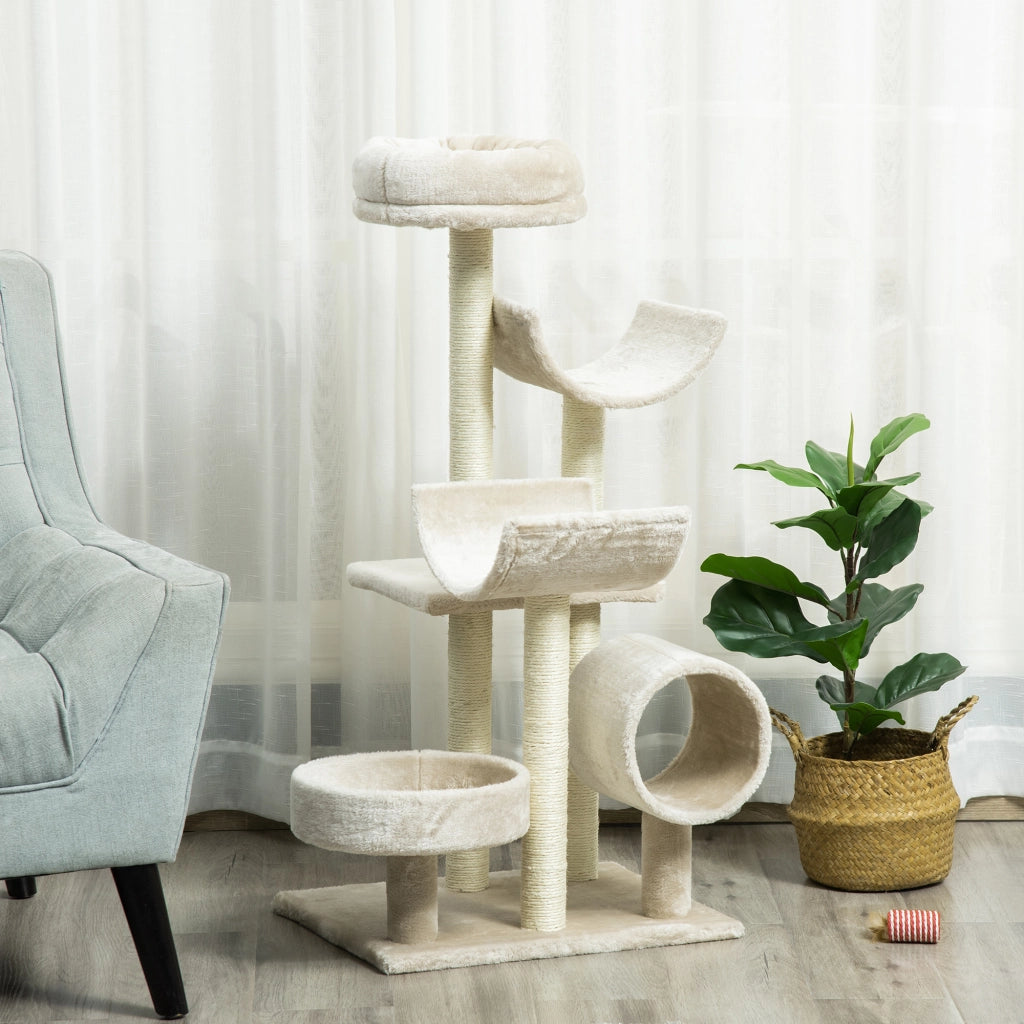 Albero tiragraffi per gatti con tunnel e piattaforme ¨C Zephmum ¨C Beige 105cm