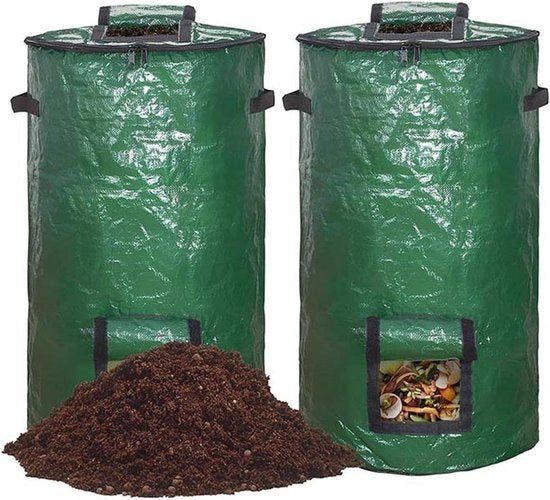 Due compostatori da giardino con coperchio - stabili e pieghevoli 120 litri cilindrici verdi
