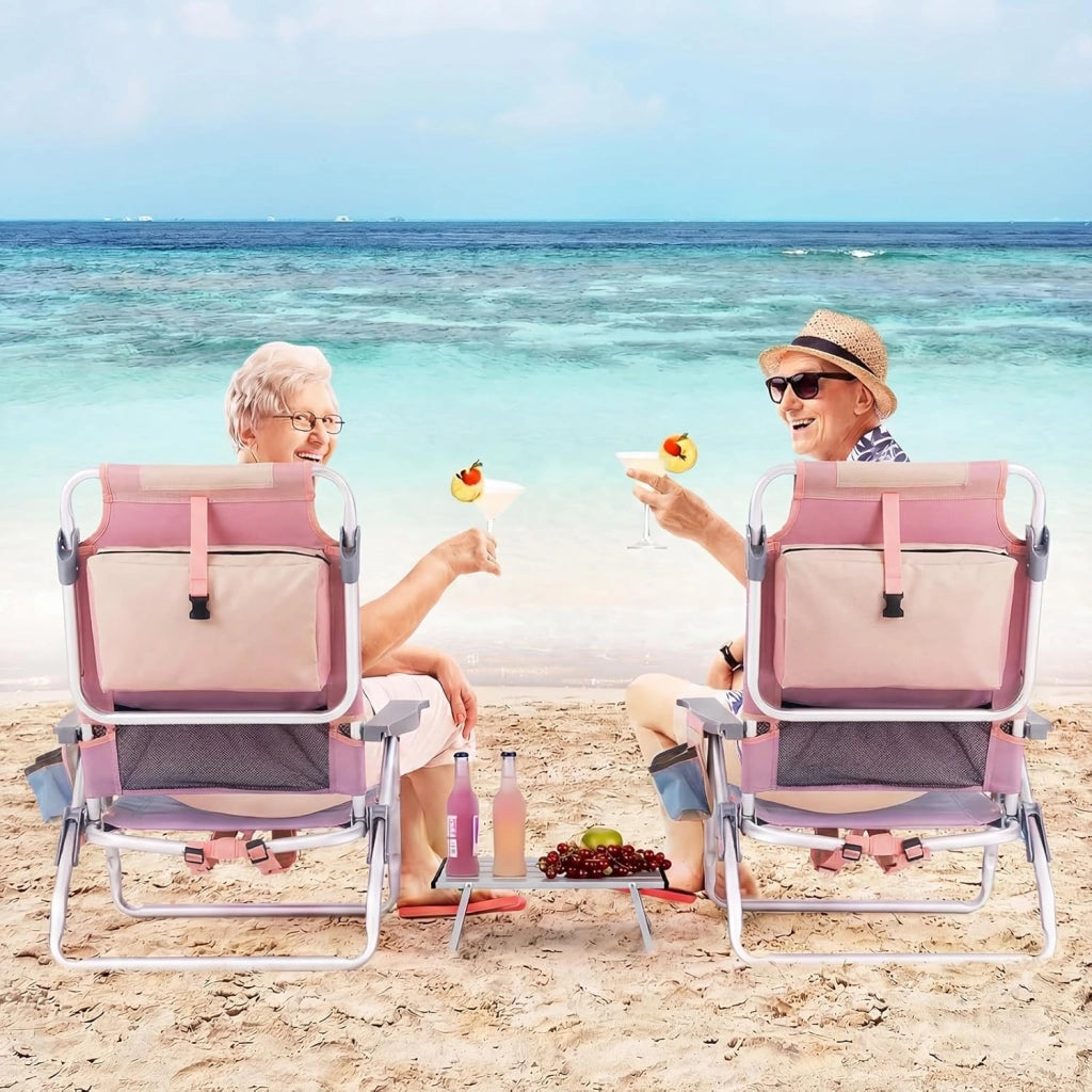 Set di 2 Sedie e Tavolino da Spiaggia Pieghevole, Schienale Regolabile a 5 Livelli, con Portatesta, Borsa Portaoggetti, Borsa Termica, per Campeggio Picnic Esterno (Rosa Chiaro, Modello 2)