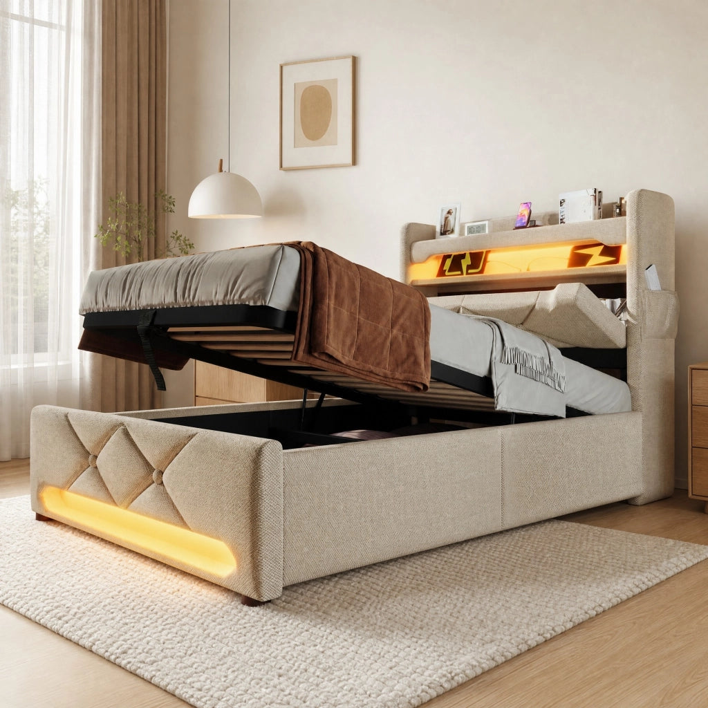 Letto singolo 90x200 cm con contenitore, testiera con USB e LED, beige in lino