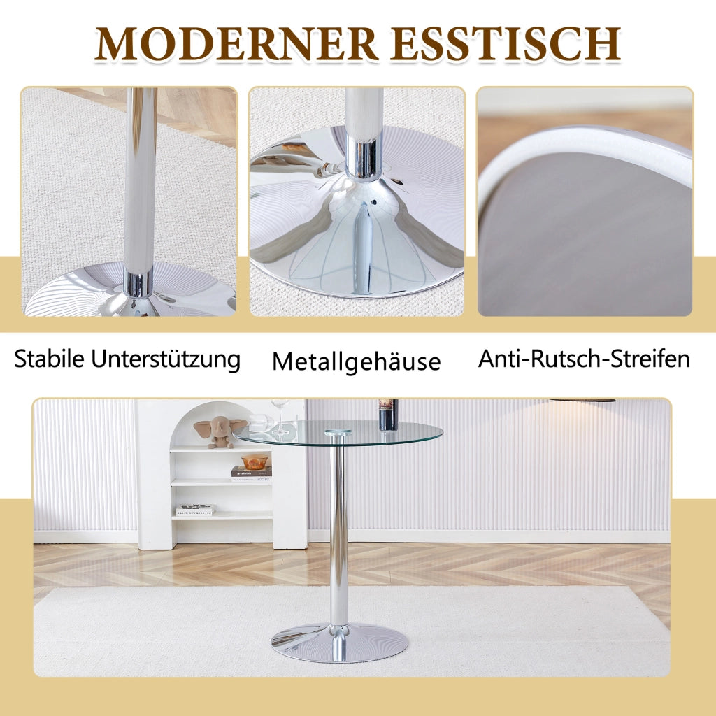 Tavolo rotondo in vetro trasparente con 2 sgabelli alti, base in metallo, stile moderno, per cucina, bar e uffici, 89 cm