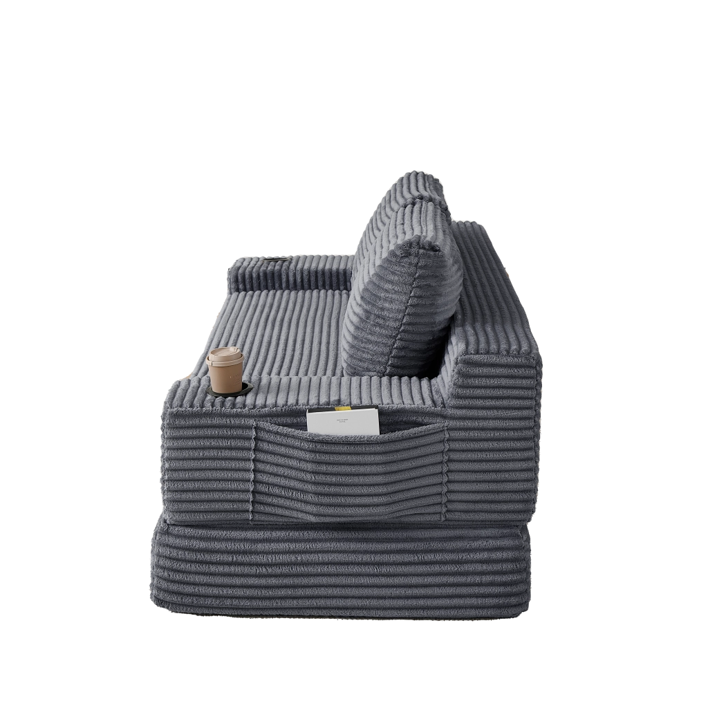 Divano letto 2 in 1 con portabevande in velluto a coste grigio