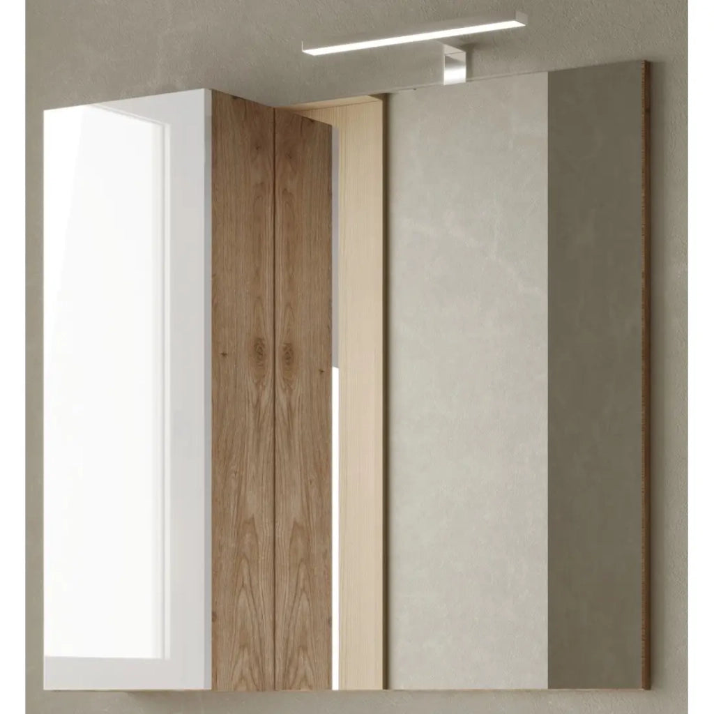 Specchio design con vano contenitore, 78x75 cm, collezione BURA, colore bianco lucido e rovere chiaro