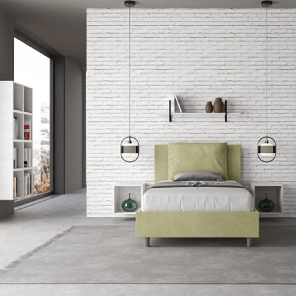 Letto una piazza e mezza con rete imbottito 120x210 microfibra tè verde Antea
