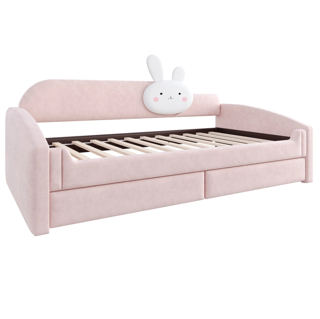 Letto bambino con contenitore 90x200 cm; LED; velluto rosa; con cassetti e cuscino coniglietto