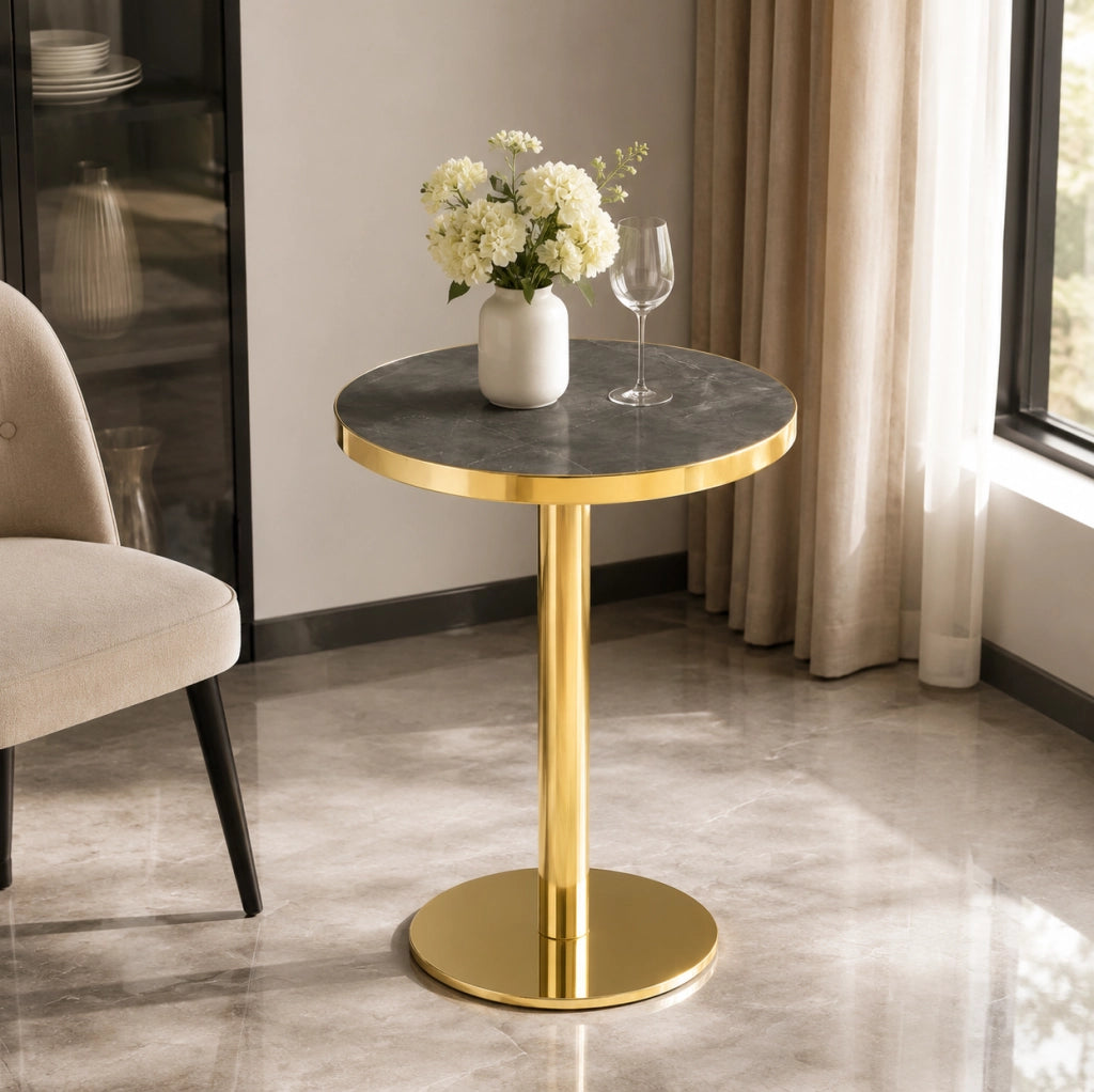 Tavolino rotondo in MDF effetto marmo grigio e oro