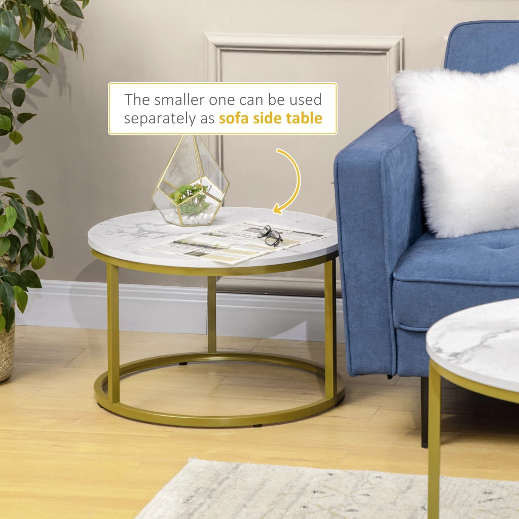 EasyComfort Set 2 Tavolini da Salotto Rotondi e Impilabili in Acciaio e Truciolato, Ø74x46.3 cm e Ø59x38.5 cm, Bianco e Oro