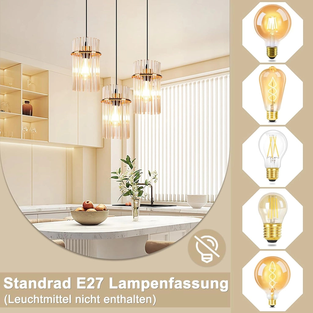 Lampada a sospensione ZMH vintage a 3 fiamme intorno vetro dorato E27 (senza lampadina)