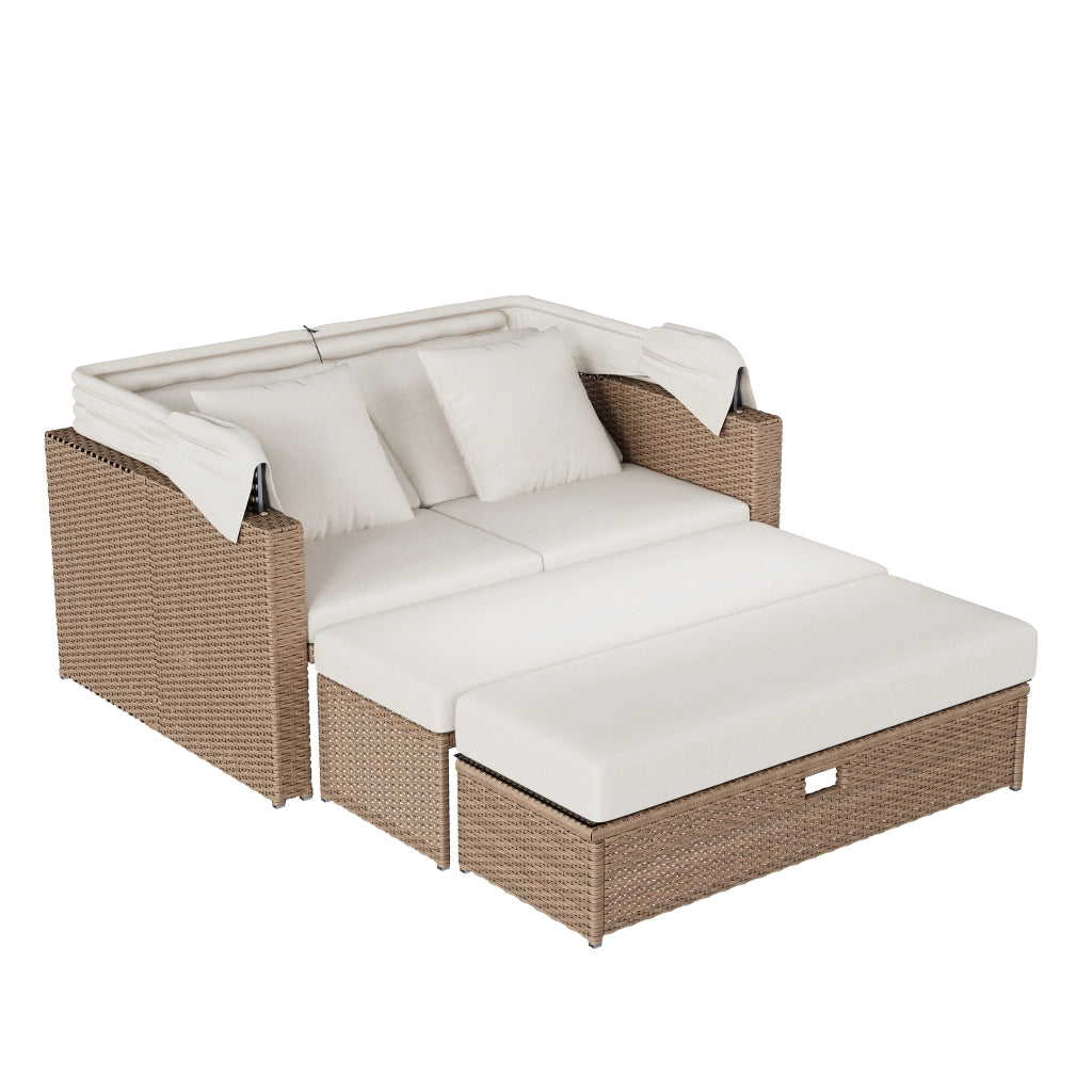 Mobili giardino polyrattan 2-4 persone: Divanooo lounge + tavolino regolabile + tendalino; kaki