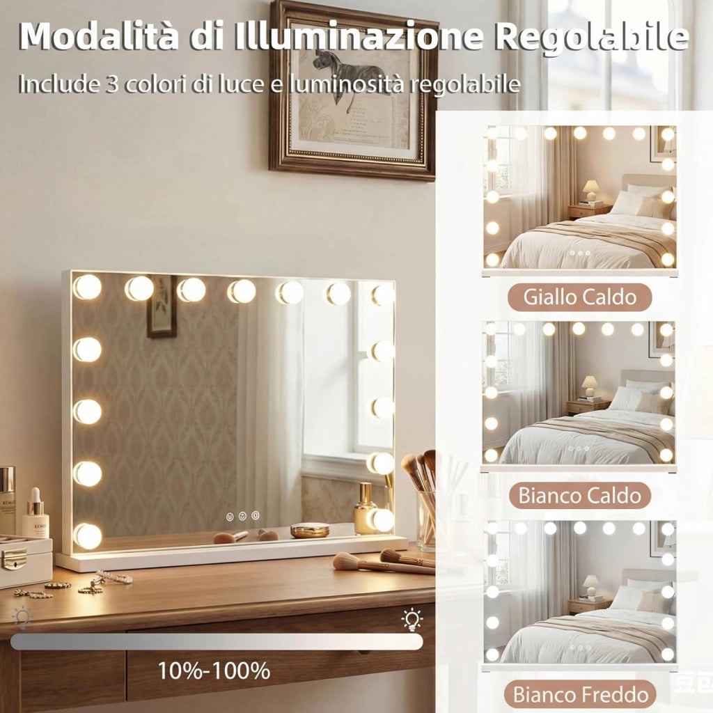 Specchio da Trucco Hollywood con Luci, 58x43cm, Specchio Illuminato da Tavolo con 3 Colori e Luminosità Regolabile, Controllo Tattile per Camera da Letto e Camerino