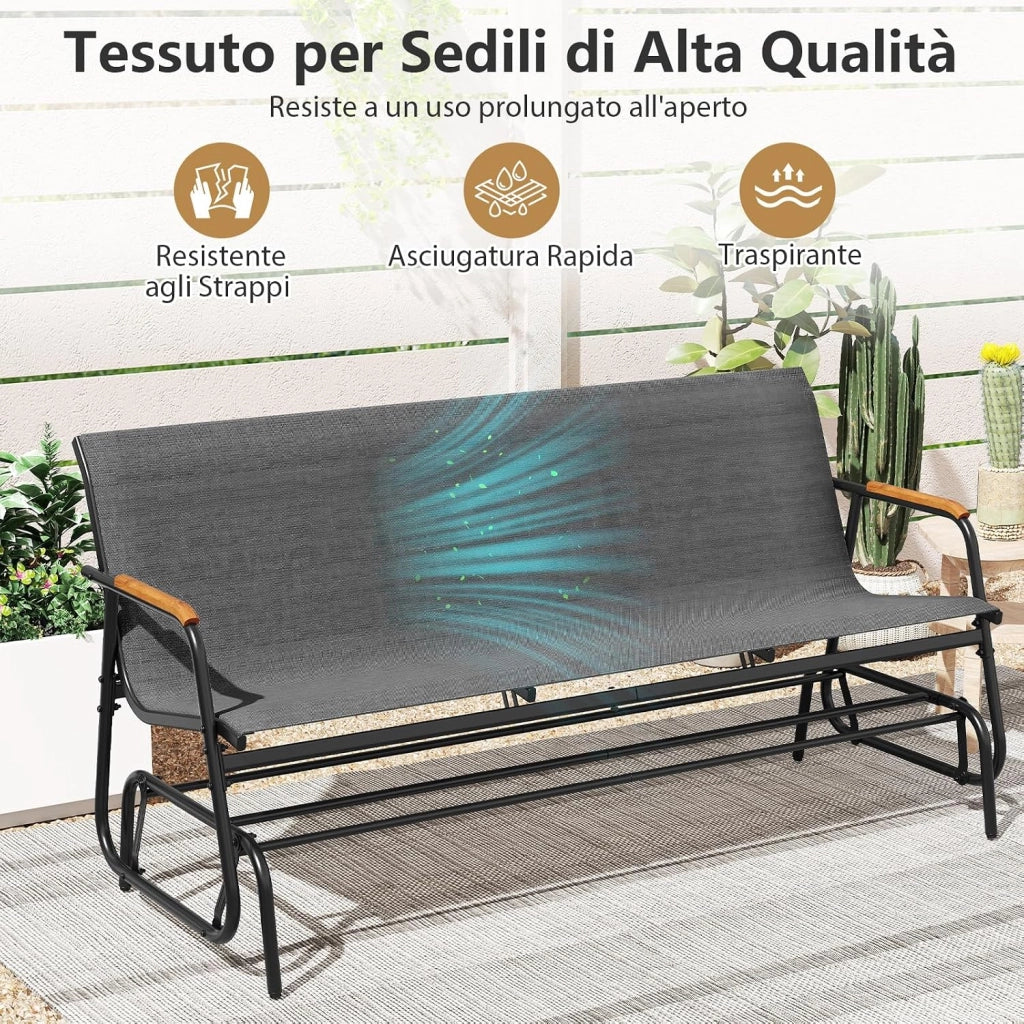 Panca a Dondolo da Esterno, Panchina a 2/3 Posti da Giardino con Movimento Oscillante, Braccioli Curvi in Legno, Sedia a Dondolo per Veranda, Giardino, Portata 300KG/450KG (Grigio, 3 Posti)