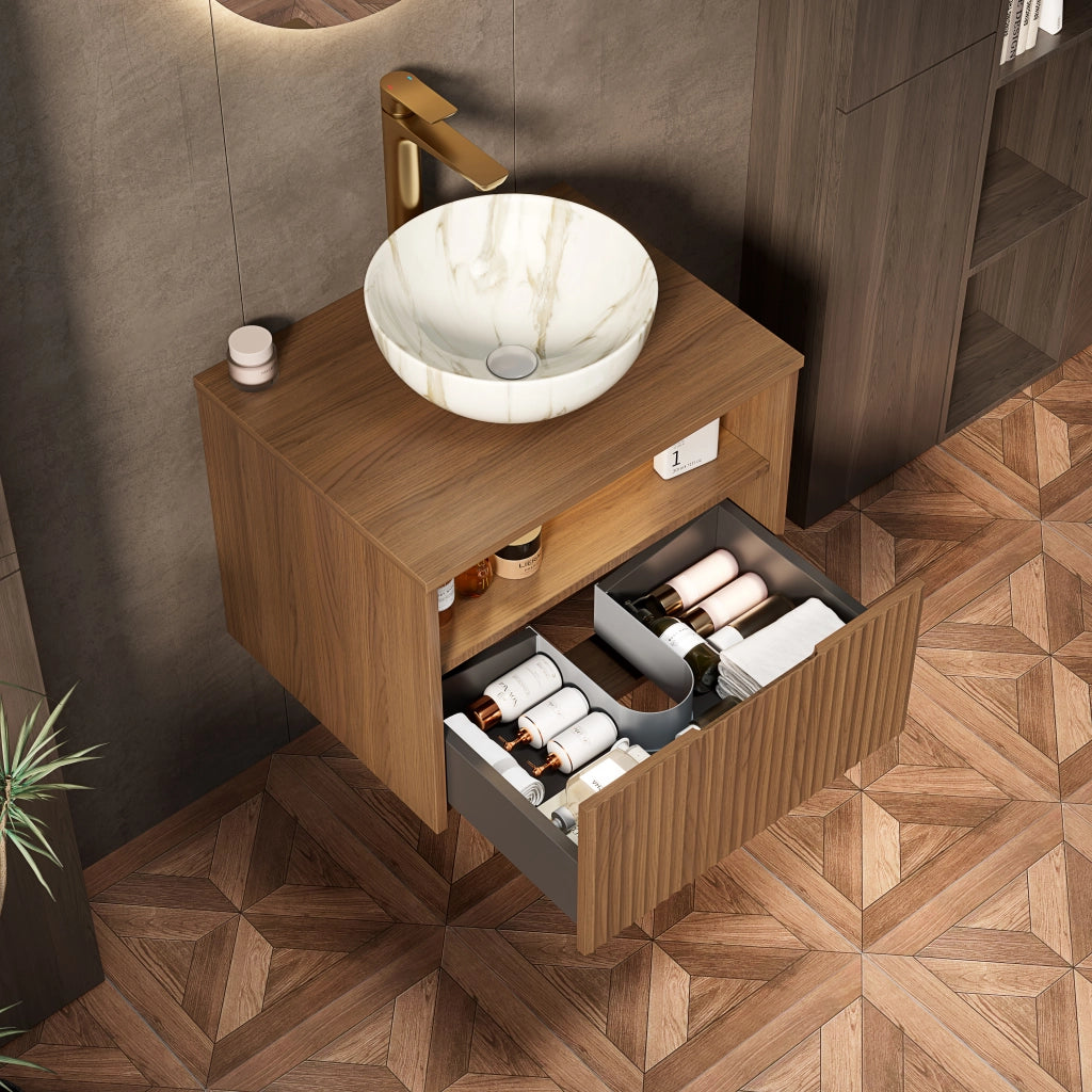 Mobile bagno con cassetto e vano aperto con lavabo in ceramica e luce LED con sensore per bagno 60×46×60.8 cm