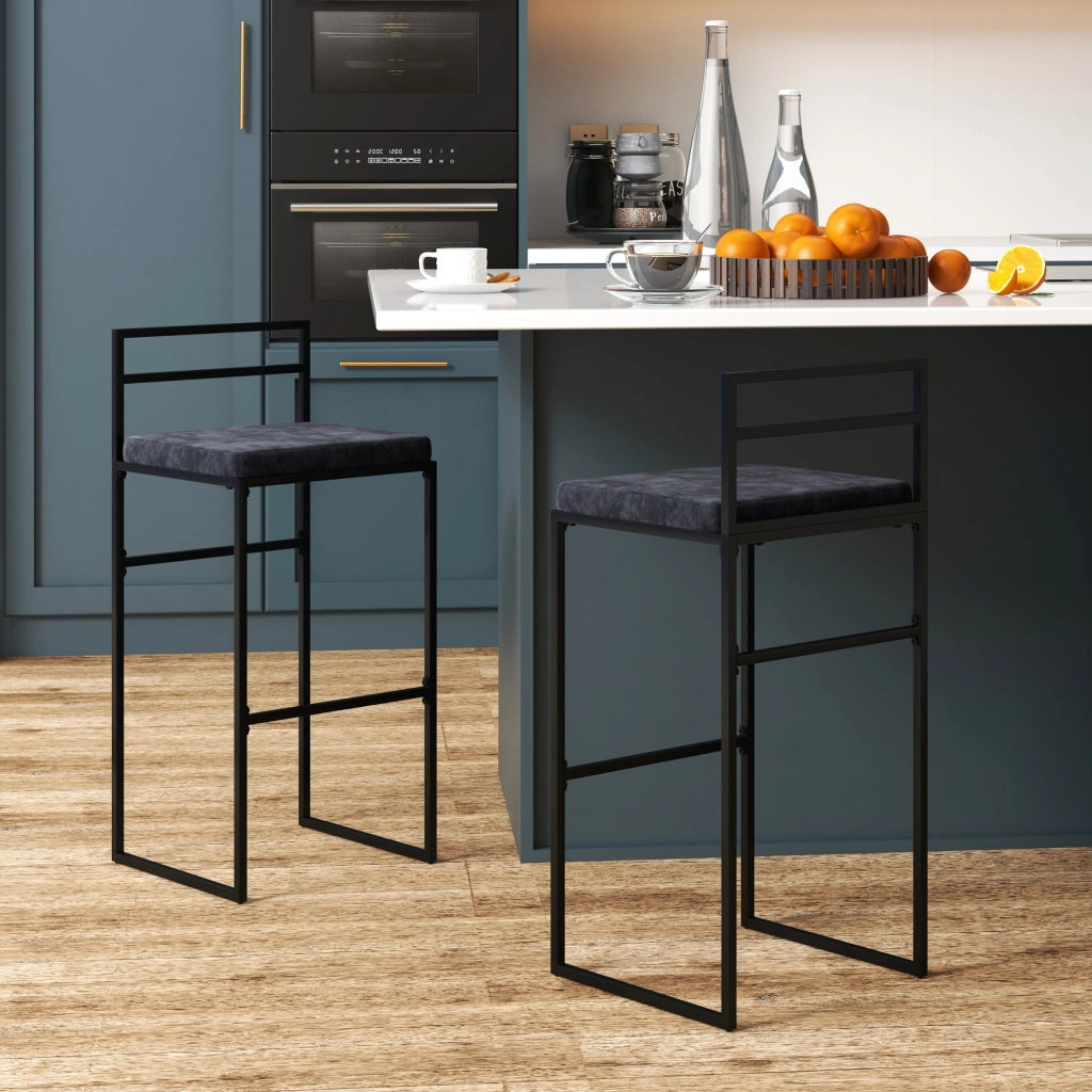Set 2 Sgabelli Alti da Bar ¨C Xylo ¨C Velluto Nero con Cuscino e Poggiapiedi H74cm