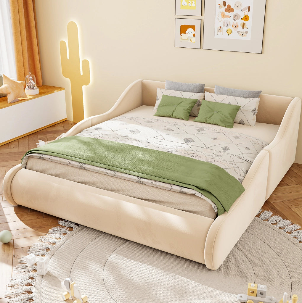 Letto imbottito per bambini 140x200 cm con testiera alta e sponde laterali; beige