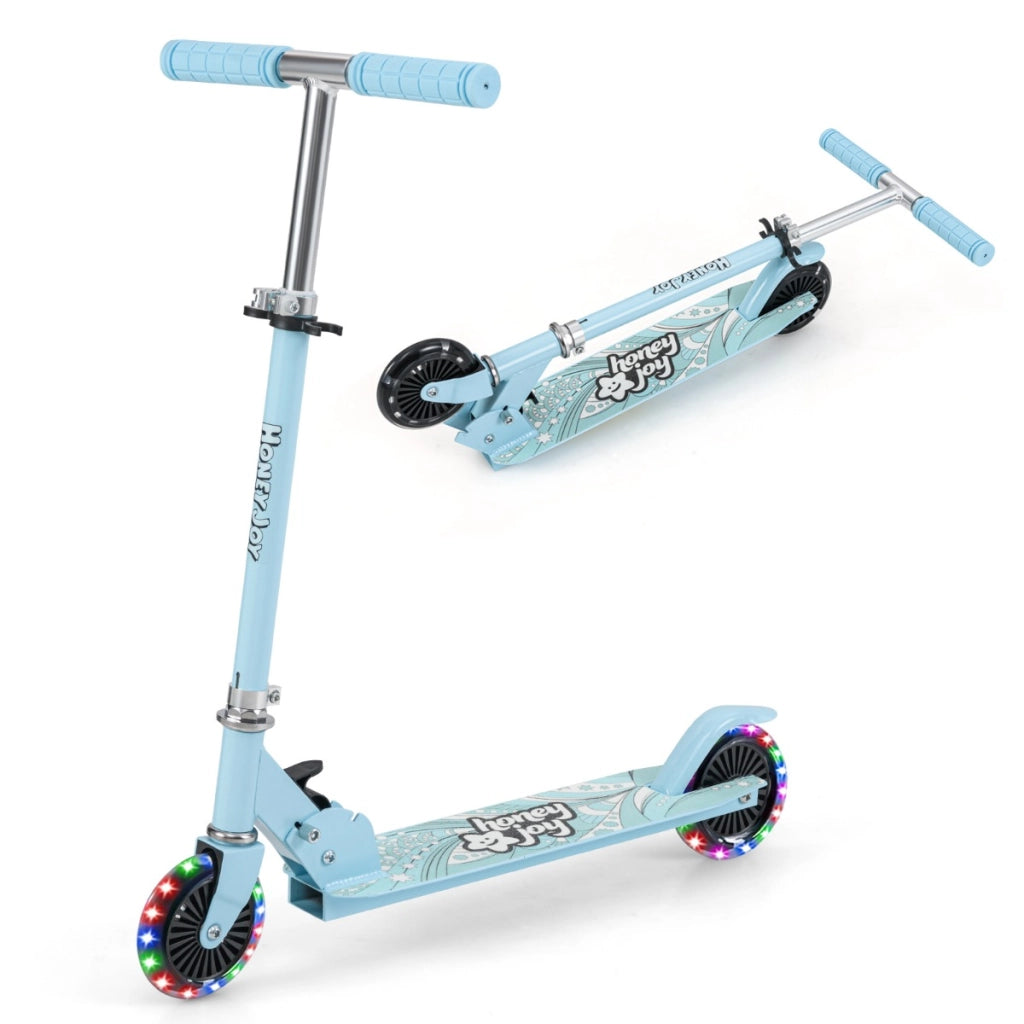 Monopattino per bambini con ruote a led manubrio regolabile, Monopattino per bambini con meccanismo pieghevole Azzurro-Monopattini