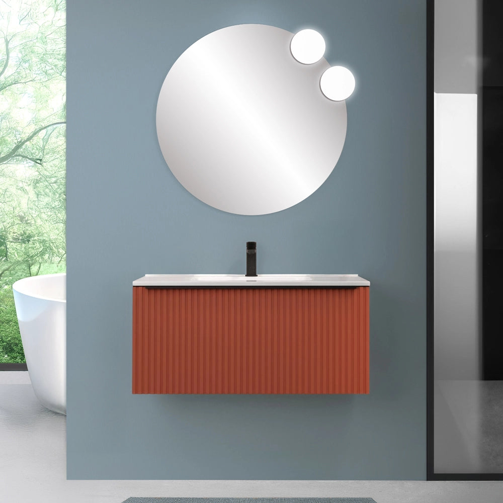 Mobile bagno sospeso 100 cm color terracotta cannettato con cassetto e lavabo Nara