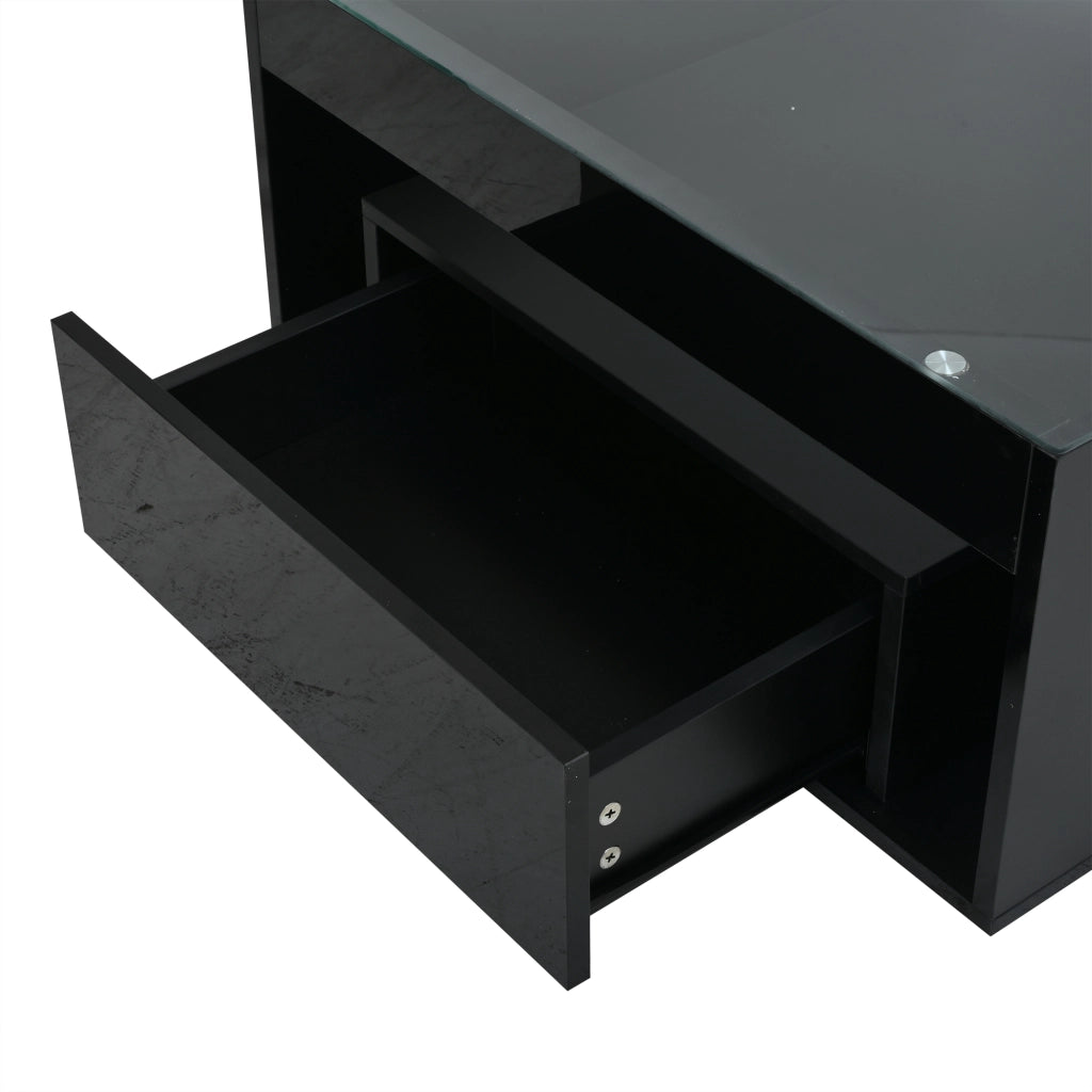 Tavolino da caffè 70x70x35 cm; 2 cassetti con LED; MDF e vetro temperato nero