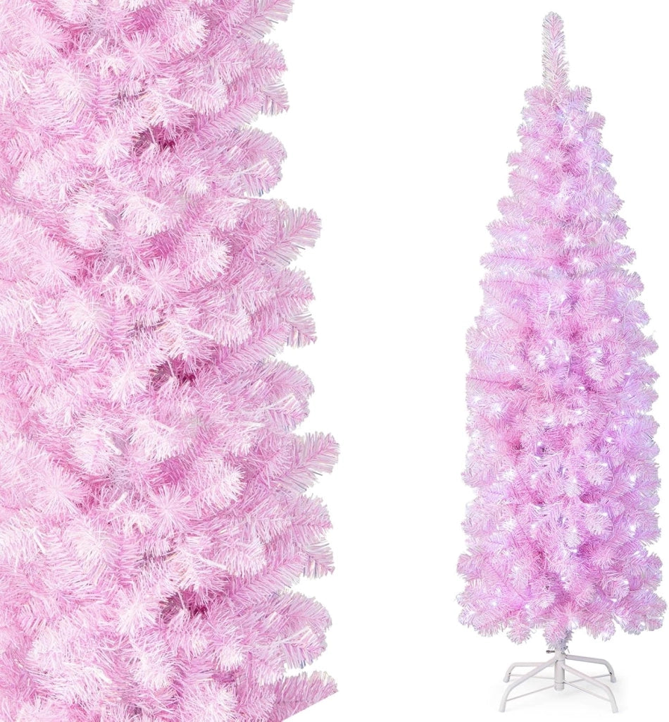 Albero di Natale Artificiale Pre-Illuminato da 180 CM, Albero di Natale Slim Rosa con 475 Rami, 250 Luci LED, Base Pieghevole in Metallo, Decorazione Natalizia per Casa Ufficio Feste