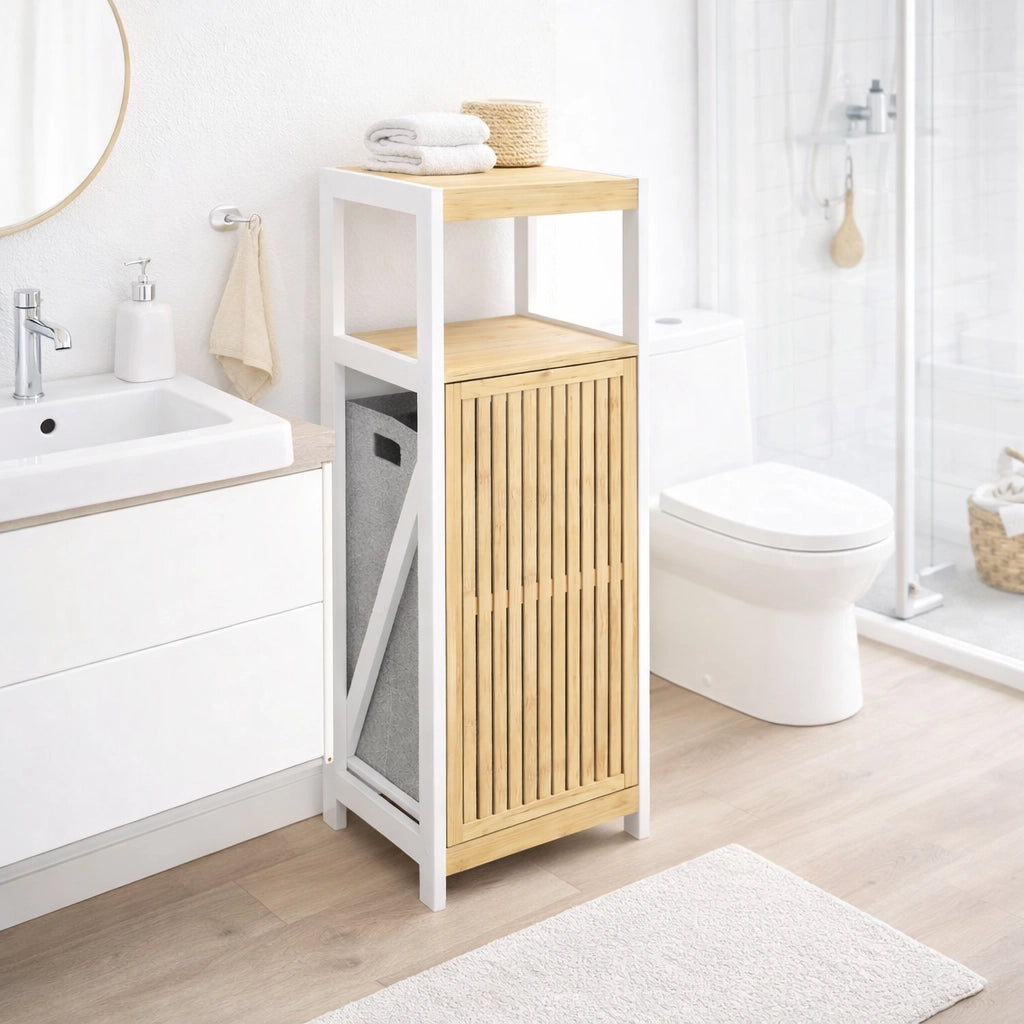Mobiletto Bagno Portabiancheria Moderno Legno e Bambù 36x33x98 cm 1 Anta 2 Ripiani