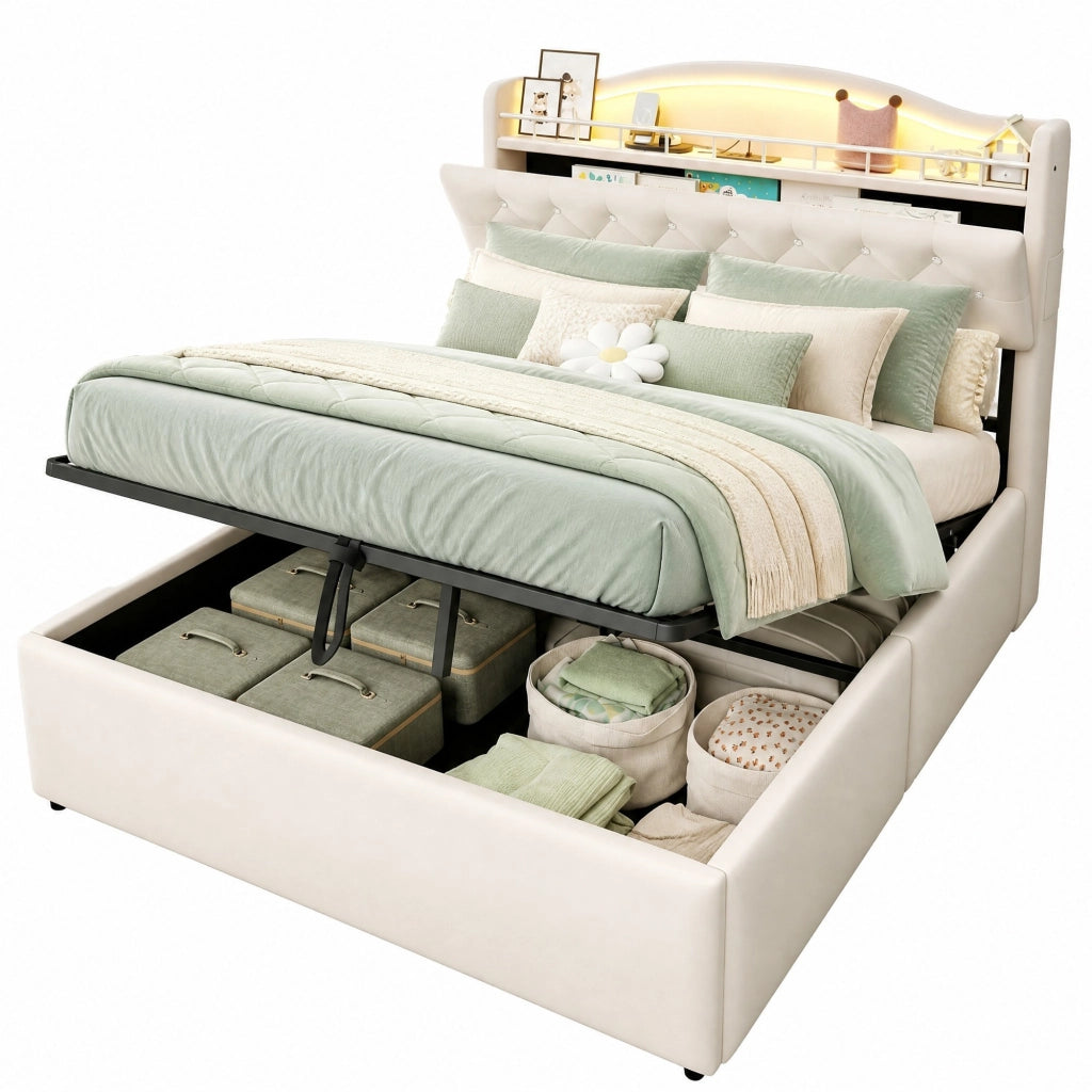 Letto imbottito 140x200 cm con contenitore idraulico; ricarica USB e USB-C; beige