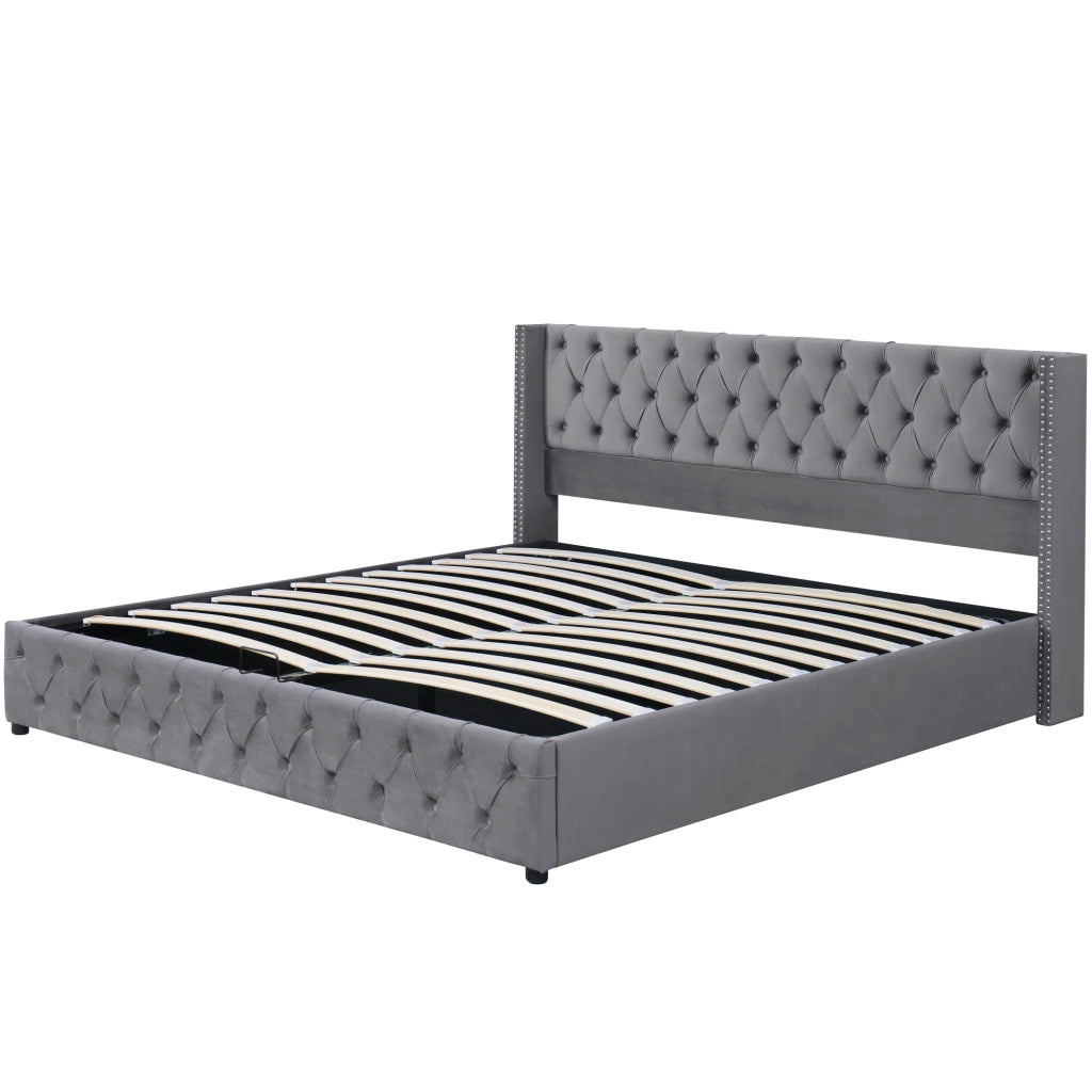 OKWISH Letto contenitore 160×200 cm, Letto Matrimoniale con Sollevamento Idraulico, Testiera Imbottita e Borchie, senza Materasso, Velluto, Grigio