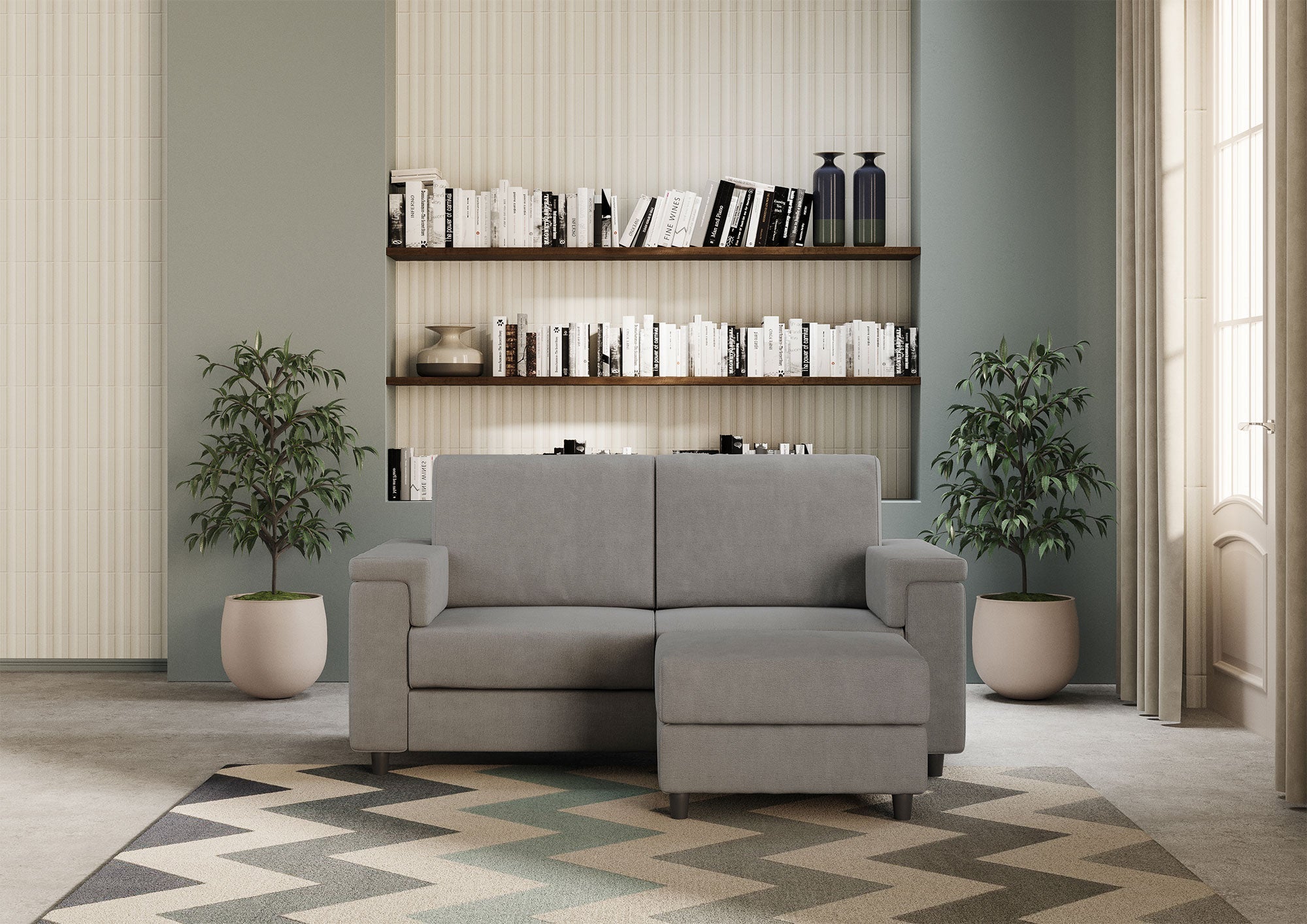 Divano 2 Posti con Pouf 168x145x85 cm Marrak in Tessuto Grigio