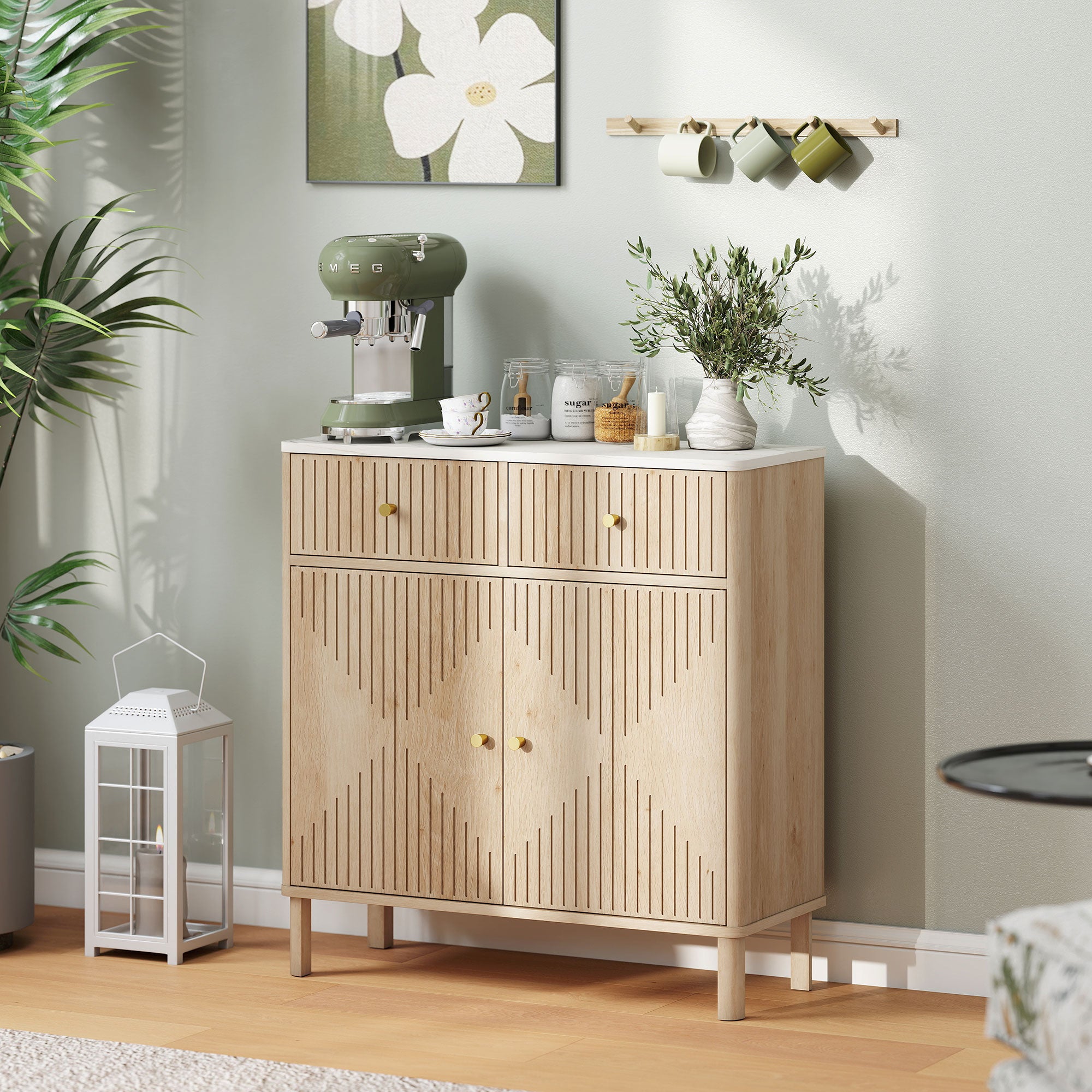 Credenza Buffet 77x30x80 cm con Piano d'Appoggio Effetto Marmo in Legno Rovere