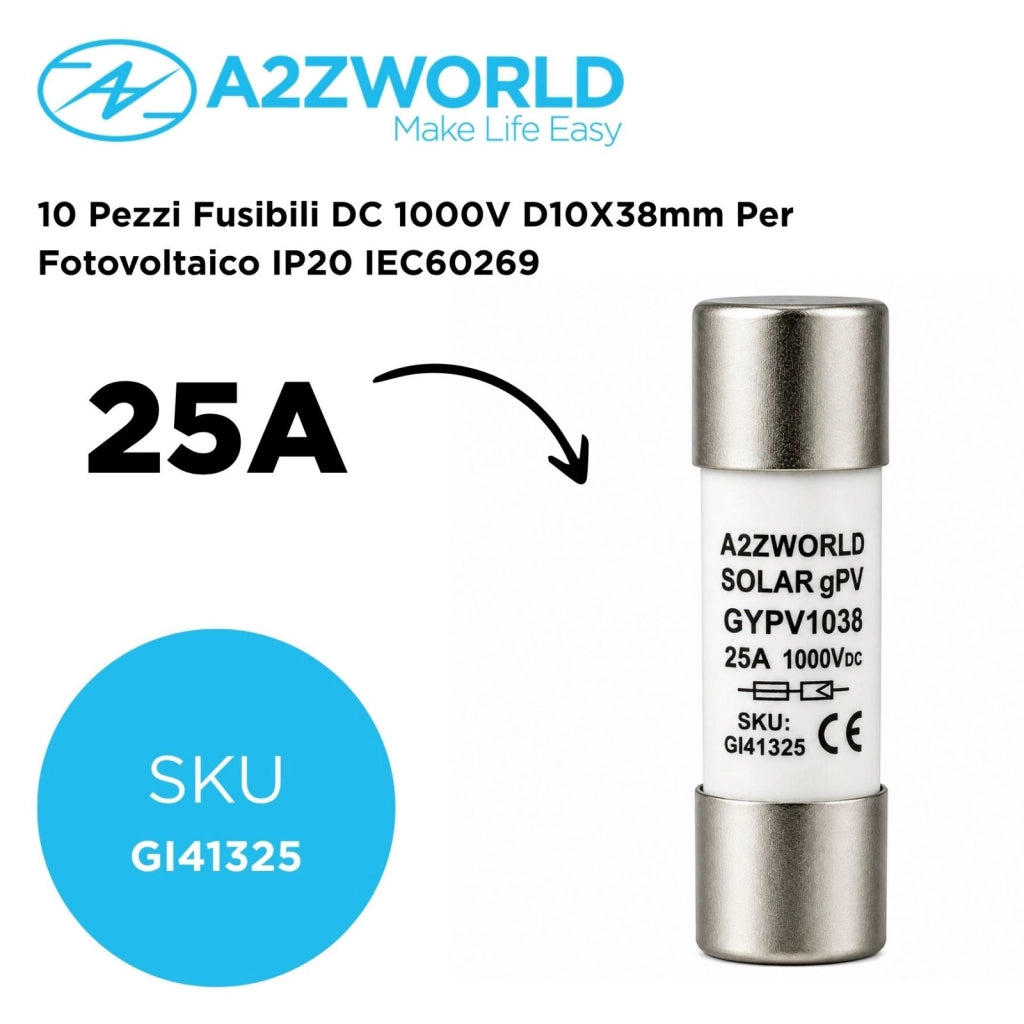 10 Pezzi Fusibili DC 1000V D10X38mm Per Fotovoltaico IP20 IEC60269, Disponibili 15A 20A 25A 30A (25A)